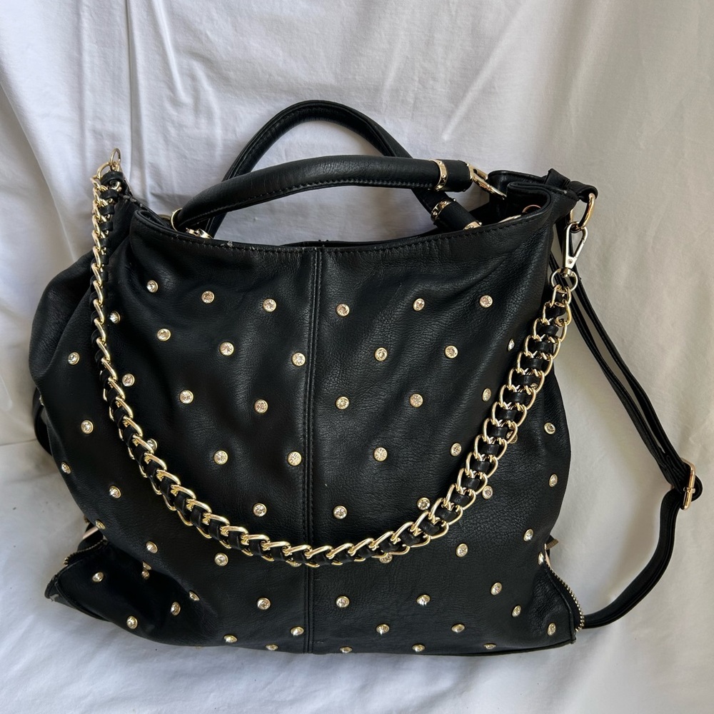 Black PU Extra Large Zipper Tote Bag with Rhinestones and Gold Accents